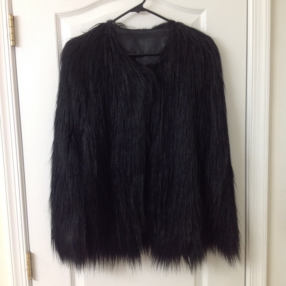 Marc Fluffy Shaggy Faux Fur Black Coat - Size M